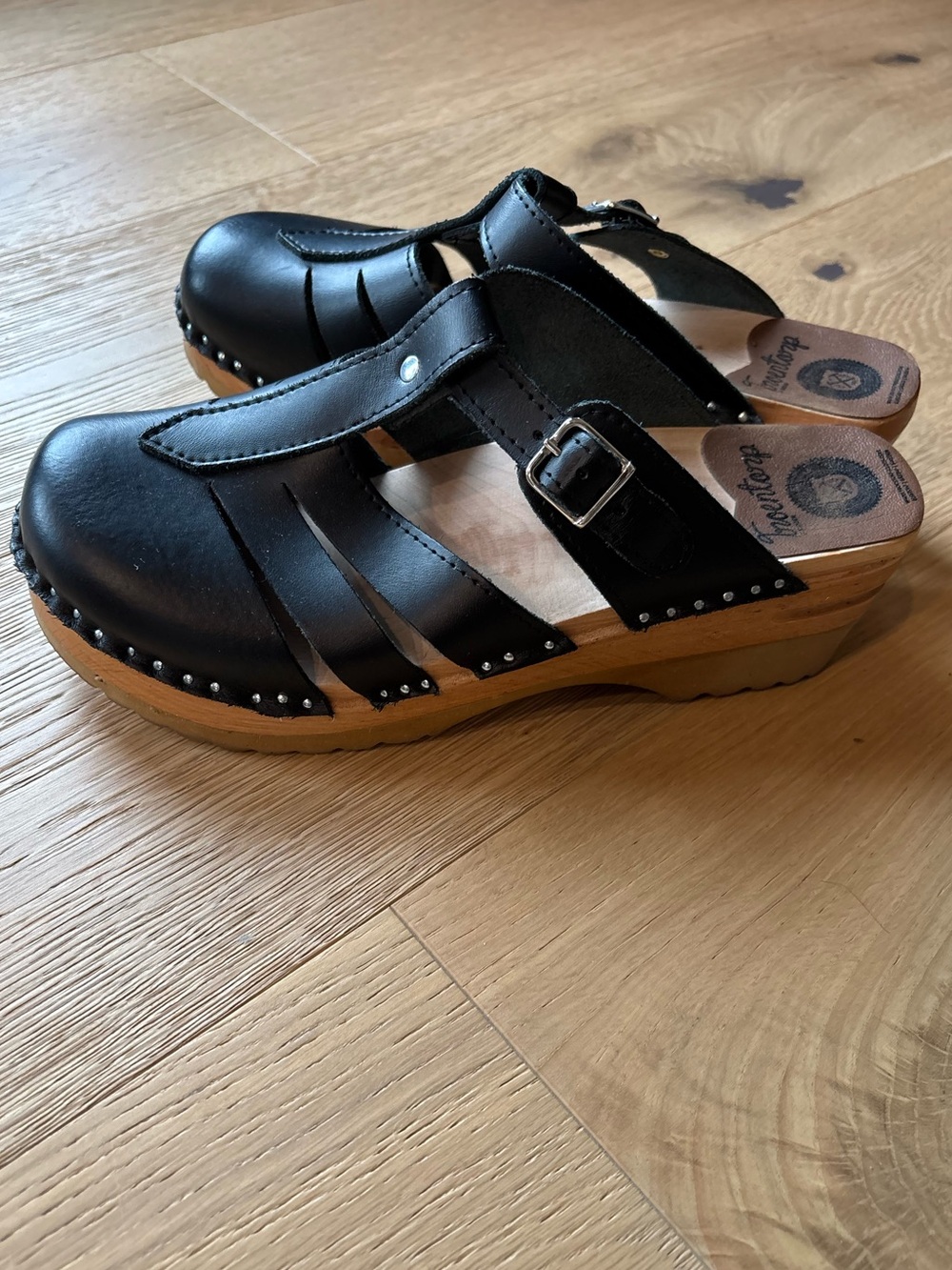 TROENTORP Clogs, Mary Jane Bastad Swedish Wooden Closed Toe Leather Sandals, 41